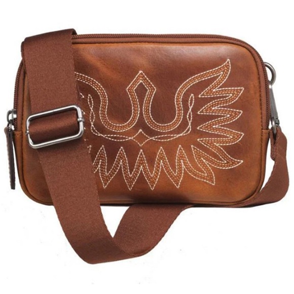 Ariat Handbags - Ariat “Casanova” Boot Stitch Embroidered Brown Leather Crossbody Bag